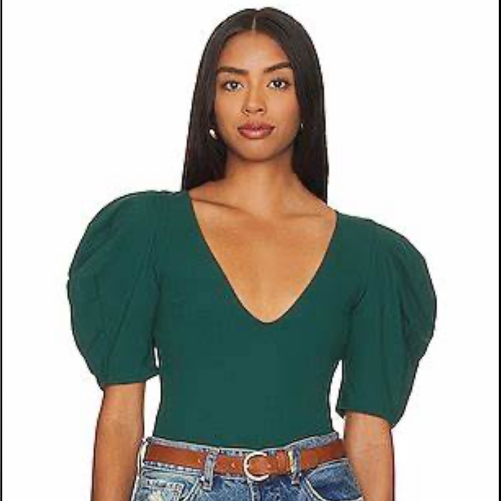 NWT Free People Intimately Puff Sleeve Bodysuit. Deep green